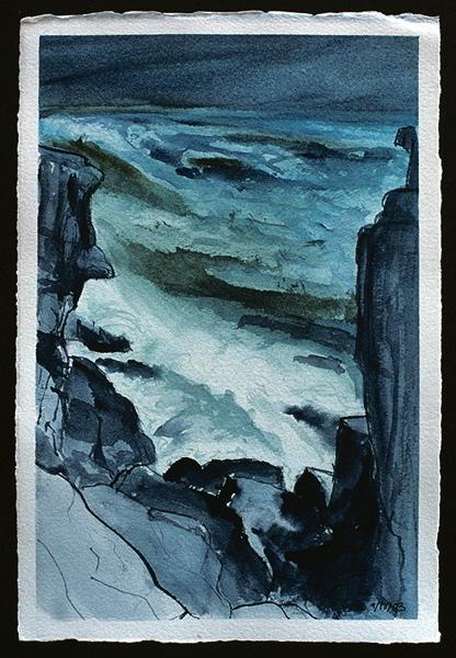 painting of stormy seas, waves crashing on rocks, Maine watercolor