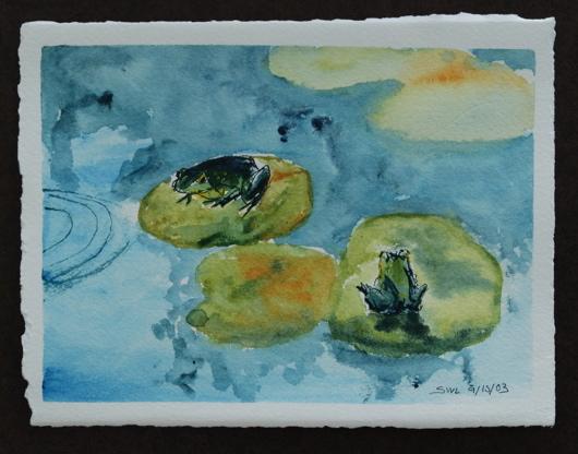 frog on lily pads watercolor by Sarah Laurence