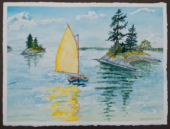 painting of sailboat by islands in Maine, watercolor